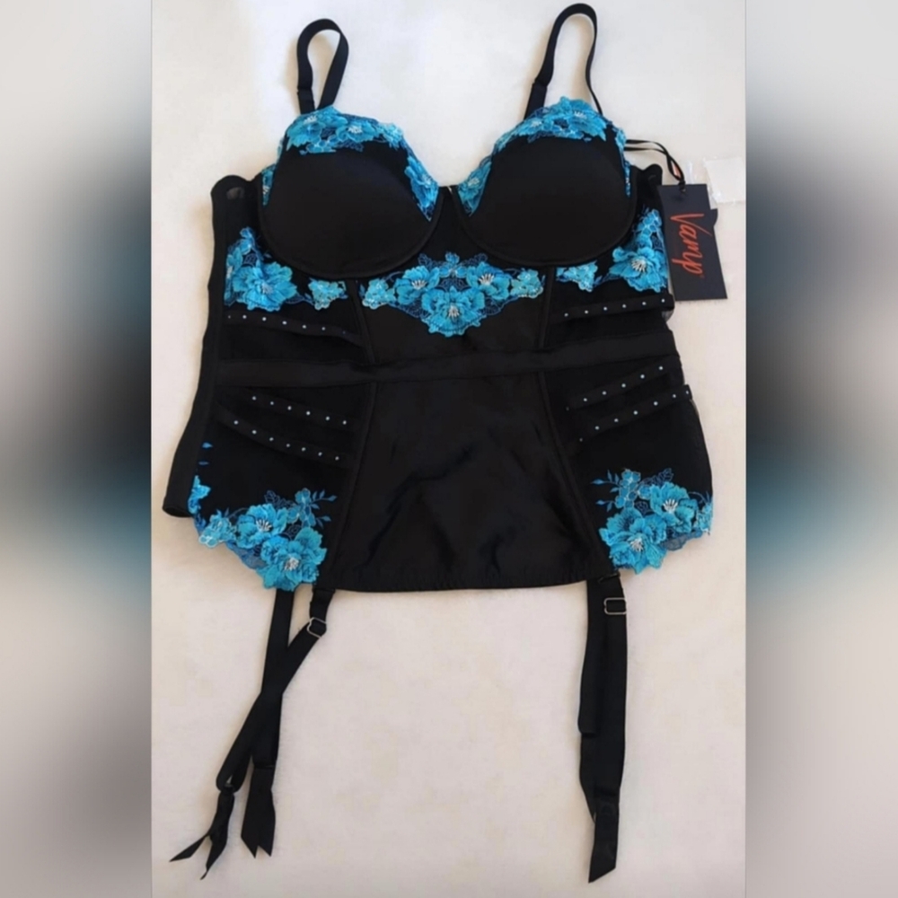New!!!!! Black and Blue Floral Bustier By brasNthings